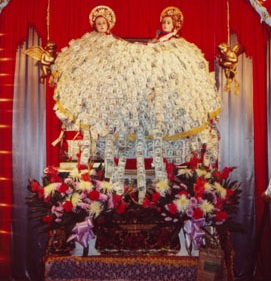Statues of Saints Cosmas and Damian at end of Procession
